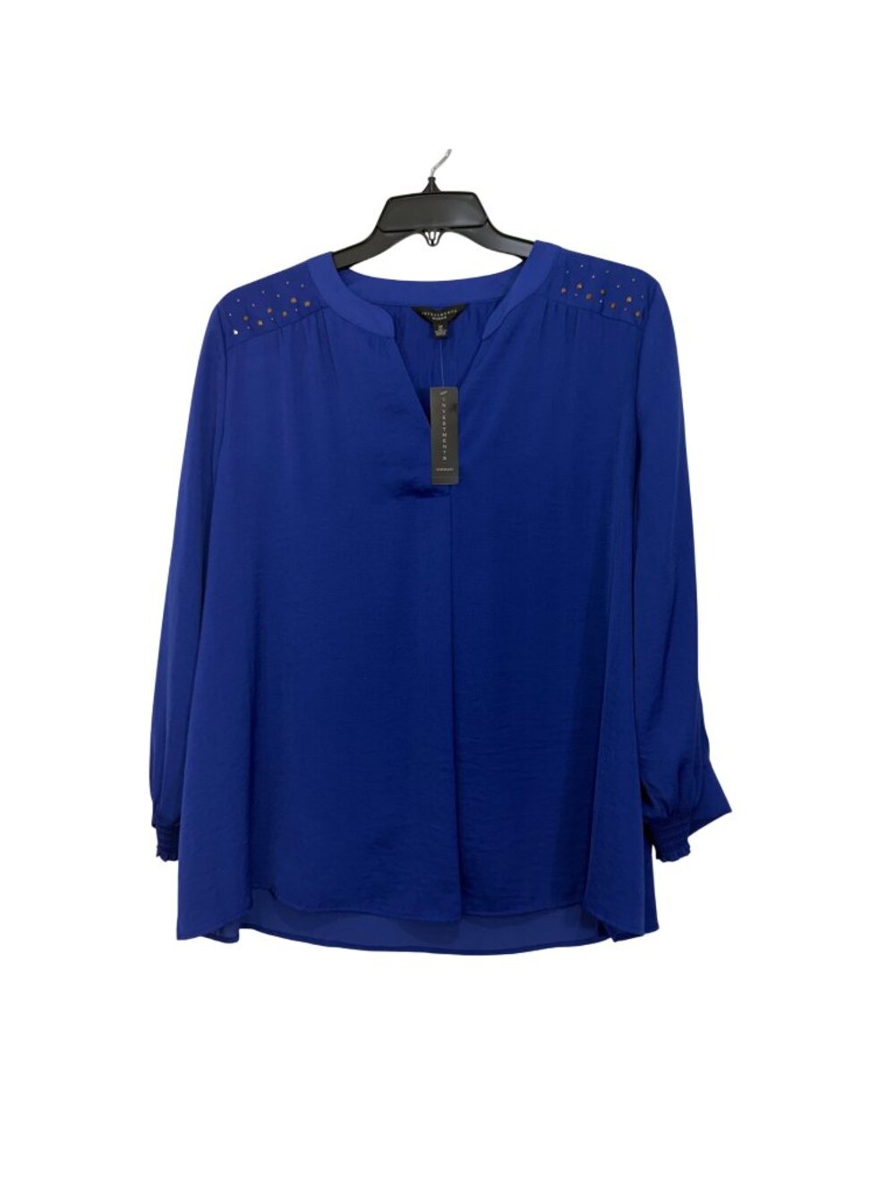 Investments Womens Blue Long Sleeve Blouse Size 1X With Studded Shoulder Accents